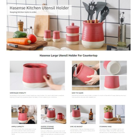 Lg - Ceramic Kitchen Utensil Holder - Farmhouse Cooking Utensil Holder Crock - Picture 8 of 10